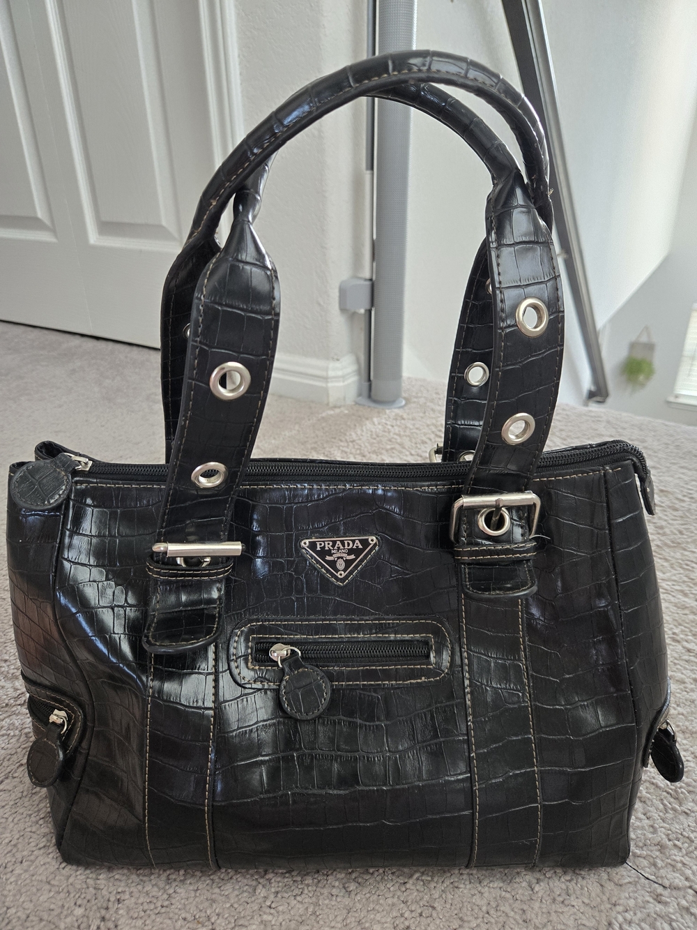 Prada Black Croc-Embossed Shoulder Bag with Silver Hardware